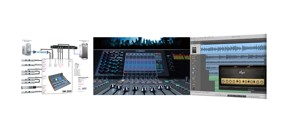 image of a recording studio diagram, an audio mixer and digital audio workstation